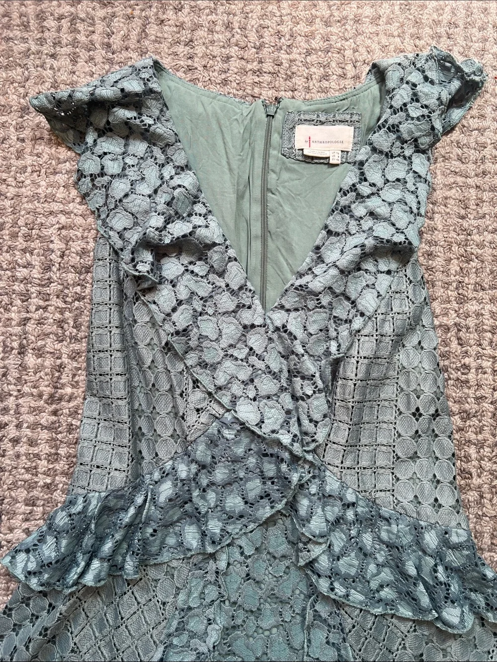 Anthropologie Antoinette Lace Midi Dress 8 Sage Green Ruffle EUC - Picture 6 of 13